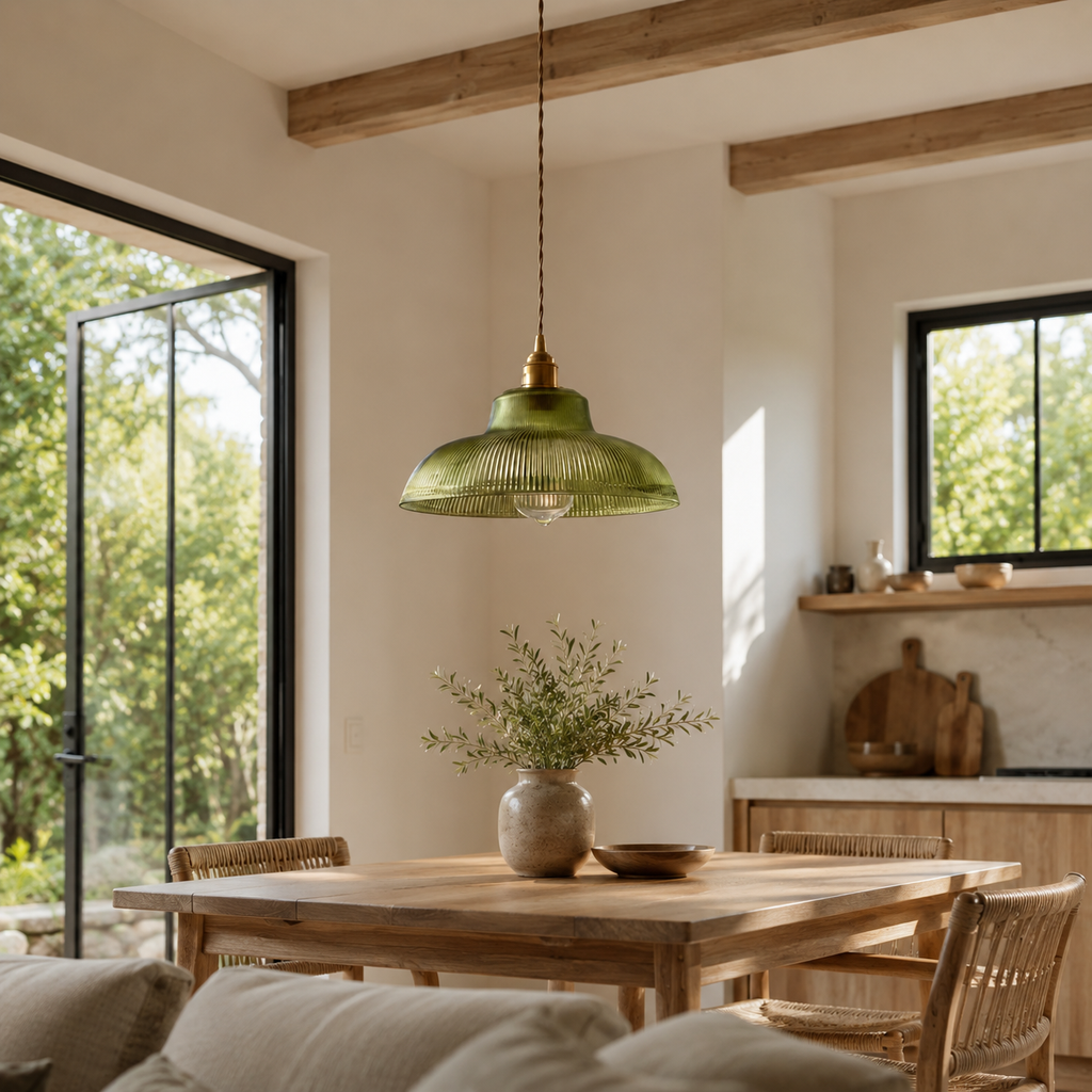 Miloma – Pendelleuchte aus geripptem Glas in Vintage-Grün