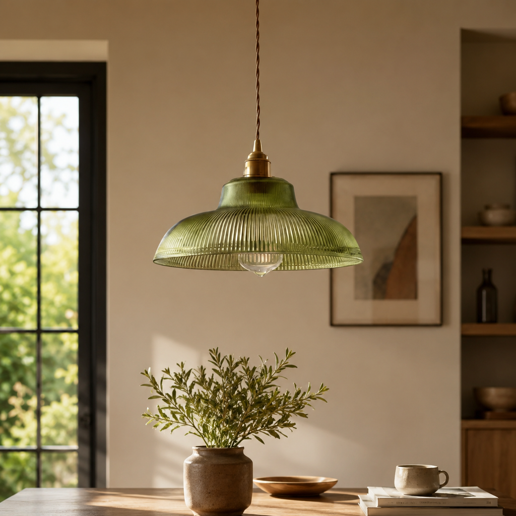 Miloma – Pendelleuchte aus geripptem Glas in Vintage-Grün