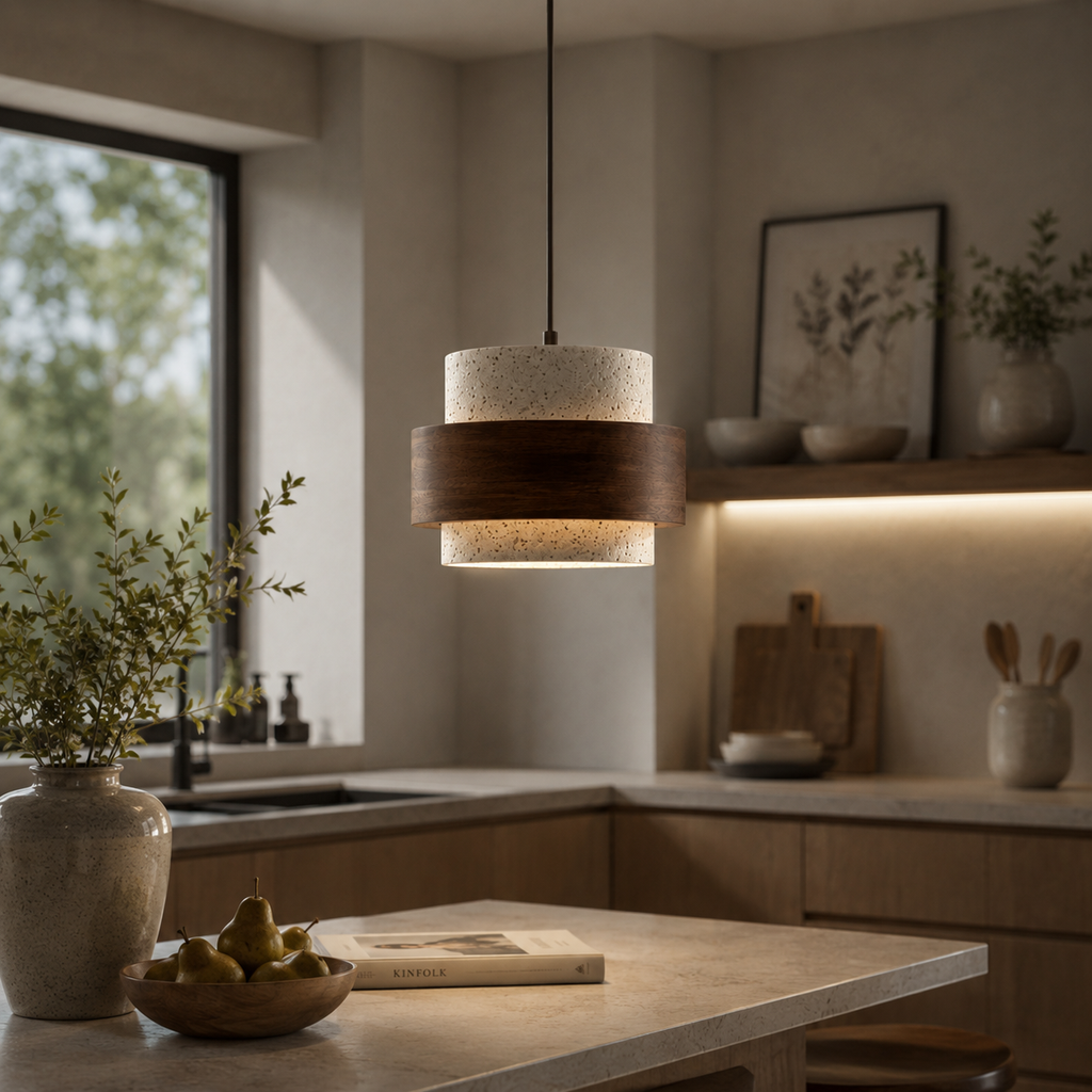 Karina Travertin-Hängeleuchte – Moderne Pendelleuchte aus Naturstein und Holz