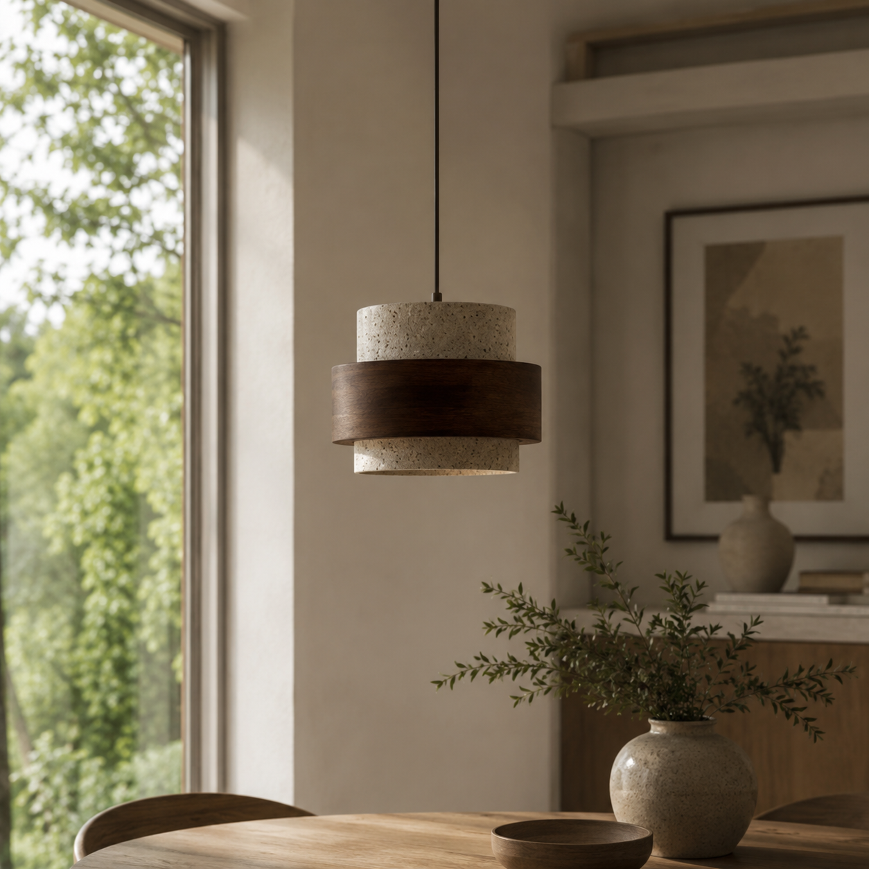 Karina Travertin-Hängeleuchte – Moderne Pendelleuchte aus Naturstein und Holz