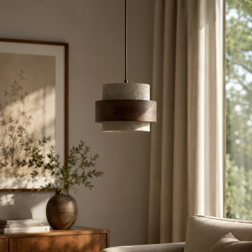 Karina Travertin-Hängeleuchte – Moderne Pendelleuchte aus Naturstein und Holz