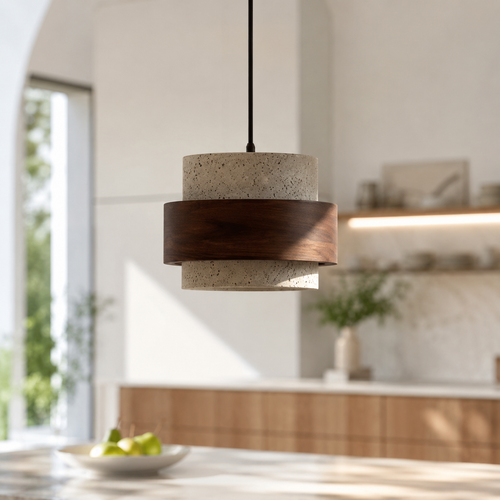Karina Travertin-Hängeleuchte – Moderne Pendelleuchte aus Naturstein und Holz