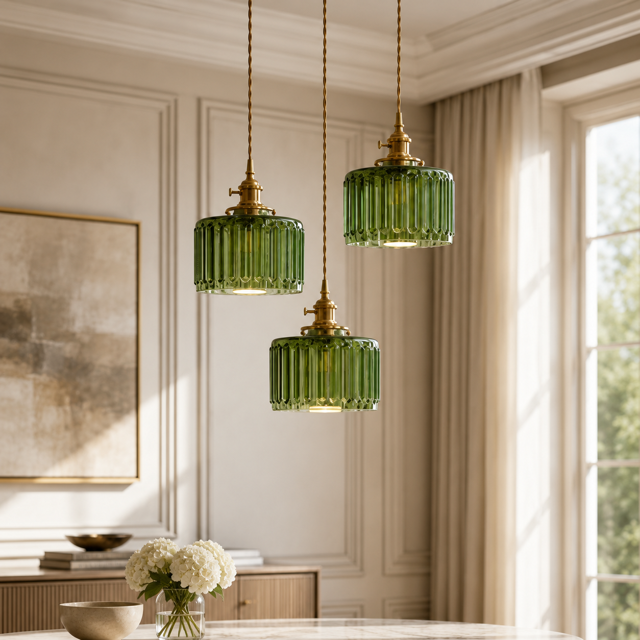 Lepa Vintage Glas-Hängeleuchte – Geriffelte Pendelleuchte in Grün mit Messing