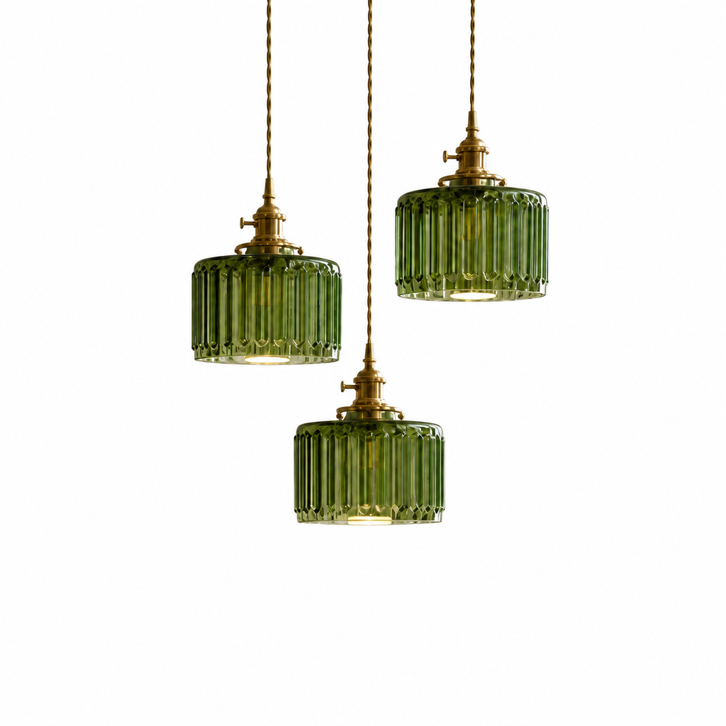 Lepa Vintage Glas-Hängeleuchte – Geriffelte Pendelleuchte in Grün mit Messing